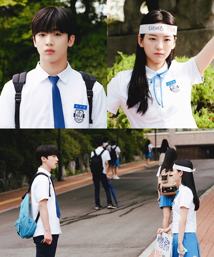 From top left, clockwise: Still images of singer and actor Kim Yo-han, actor Cho Yi-hyun and two actors in front of their high school’s entrance in “School 2021.” (KBS)