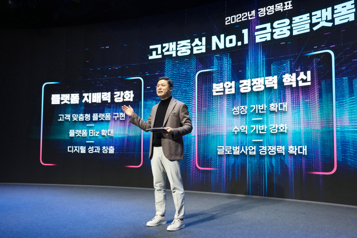 Woori Bank CEO Kwon Kwang-seok speaks at the firm’s 2022 business strategy meeting held online and on the metaverse, Friday. (Woori Bank)