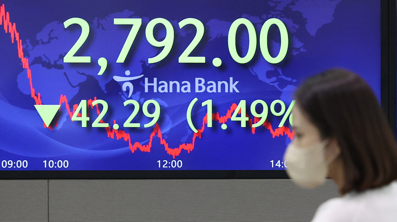 An electronic board showing the Korea Composite Stock Price Index (KOSPI) at a dealing room of the Hana Bank headquarters in Seoul on Monday. (Yonhap)