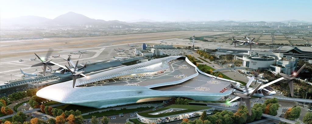 This rendered image, provided by Korea Airports Corp. on Jan. 28, 2021, shows the planned terminal for urban air mobility services. (Korea Airports Corp.)