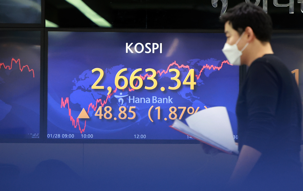 An electronic board showing the Korea Composite Stock Price Index (KOSPI) at a dealing room of the Hana Bank headquarters in Seoul on Jan. 28, 2022. (Yonhap)