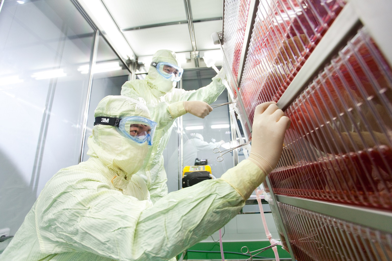 SK Bioscience researchers work on the cell culture process at L House in Andong, North Gyeonsang Province. (SK Bioscience)