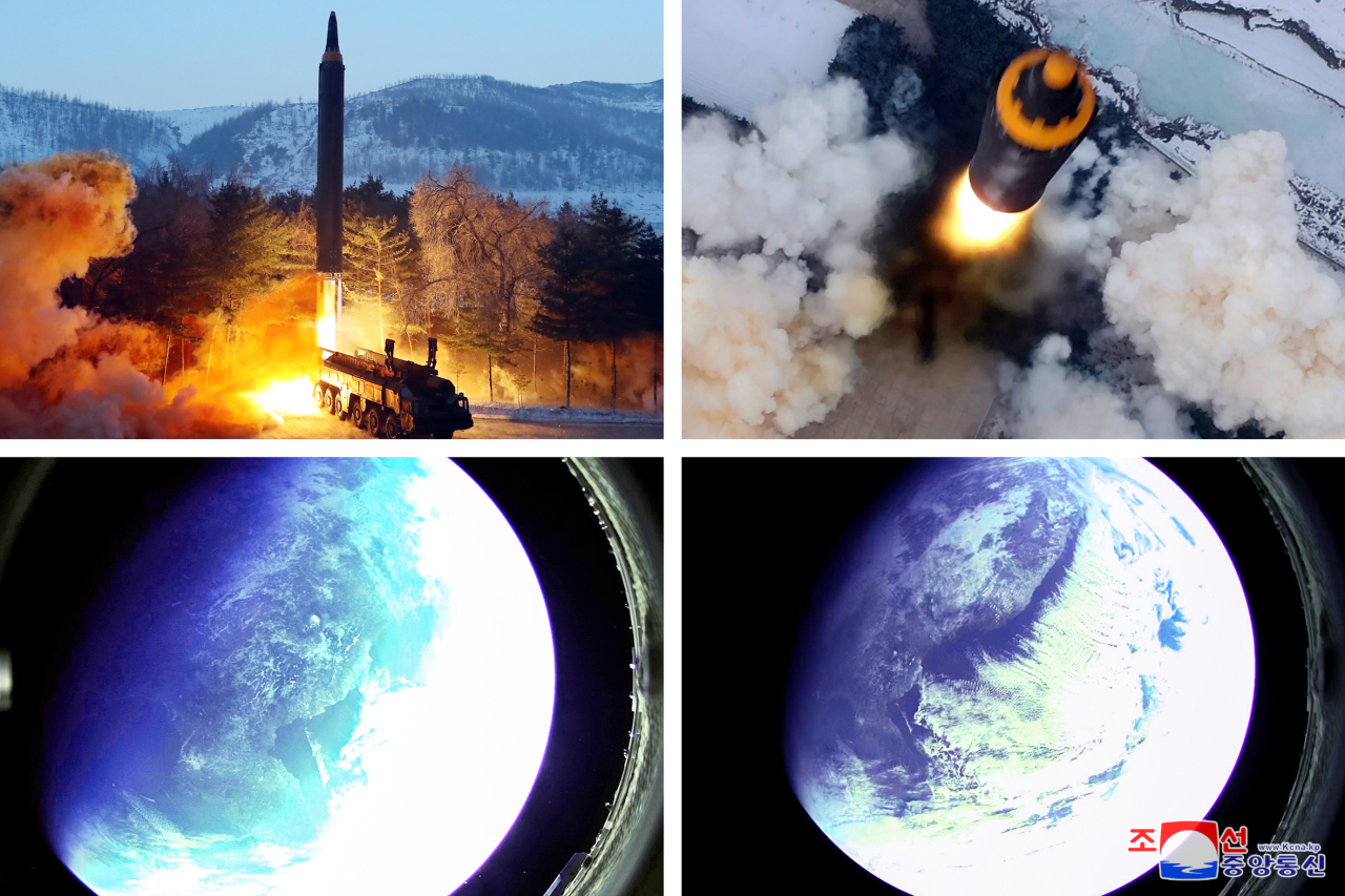 The combination of images provided by North Korea’s official Korean Central News Agency shows its intermediate-range ballistic missile, Hwasong 12, being launched Jan. 30. (KCNA-Yonhap)
