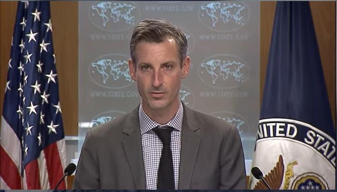 State Department Press Secretary Ned Price is seen speaking in a press briefing at the department in Washington on Monday in this image captured from the department's website. (Yonhap)