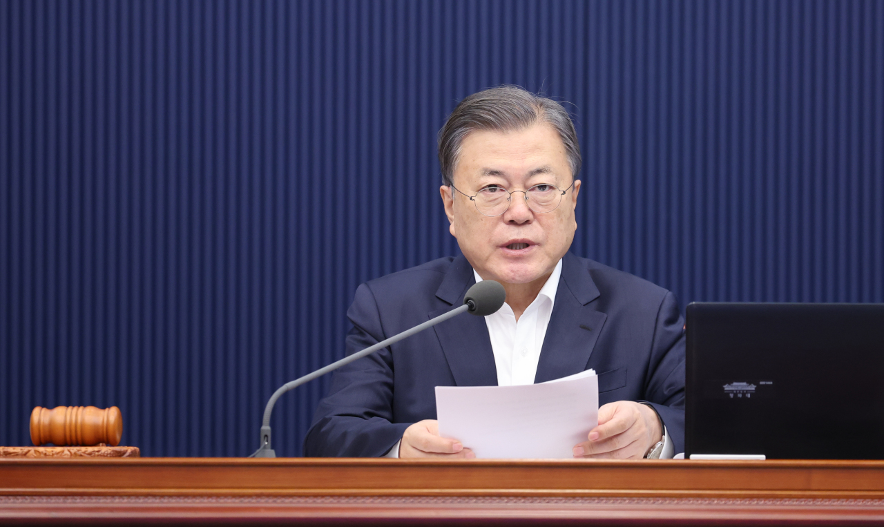 President Moon Jae-in speaks during a Cabinet meeting at the presidential office in Seoul on Tuesday. (Yonhap)