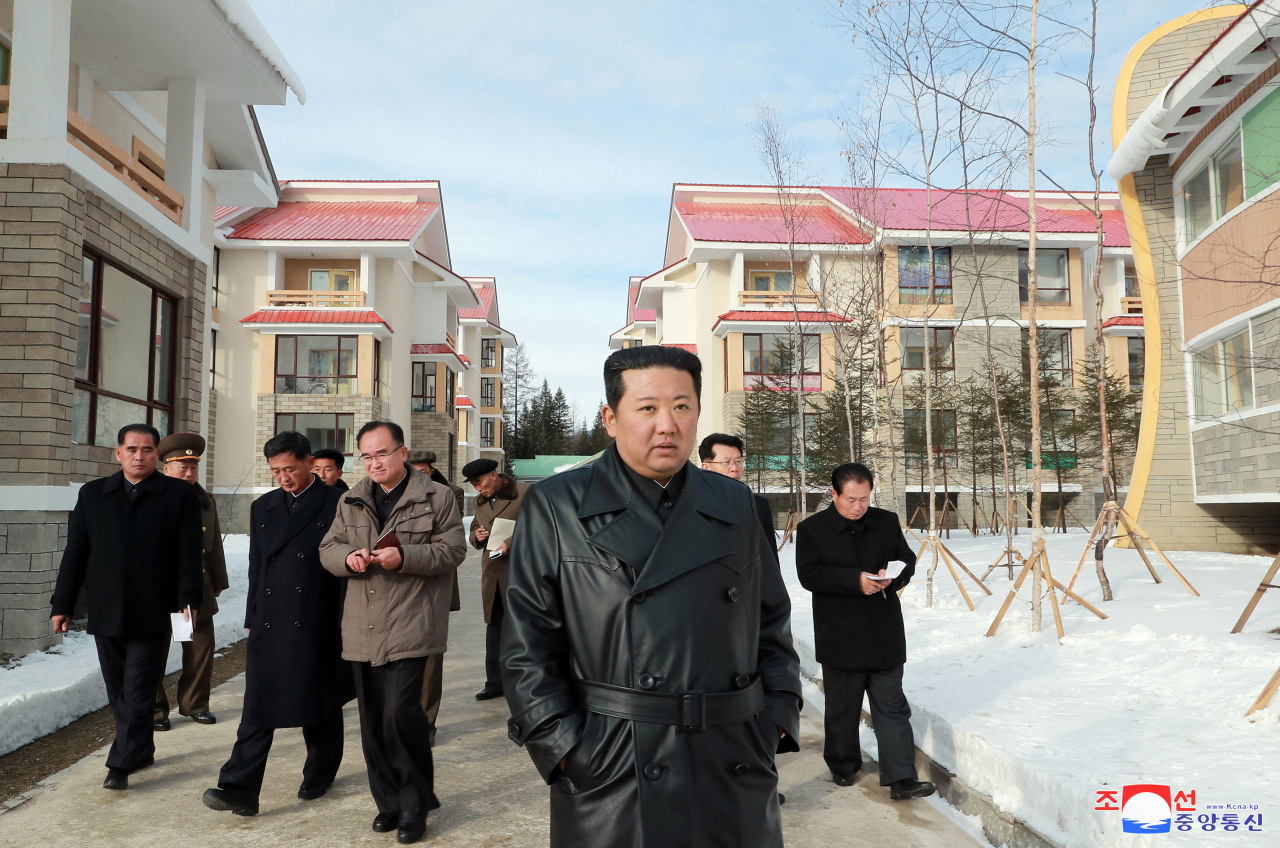 North Korean leader Kim Jong-un visits the city of Samjiyon, Ryanggang Province in this photo released by the Korea Central News Agency on Nov. 16, 2021. (KCNA-Yonhap)