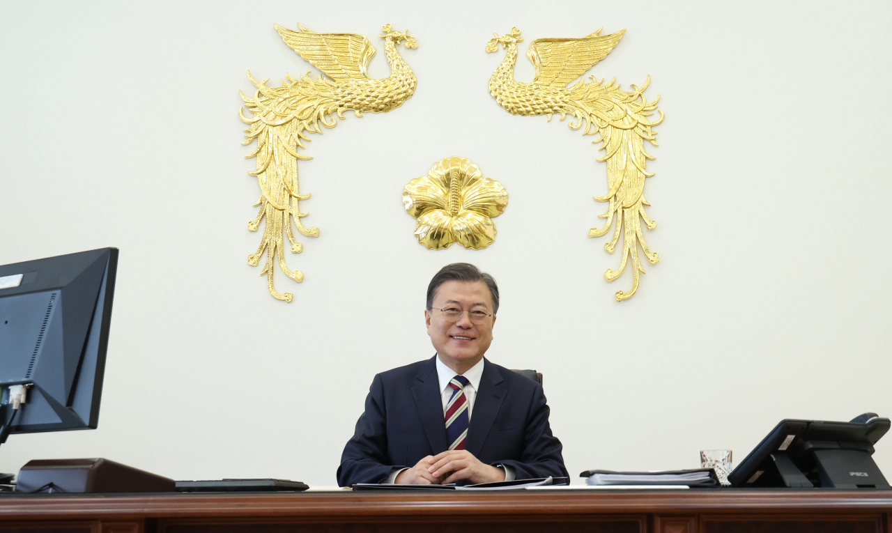 President Moon Jae-in is photographed after taking part in a written interview with Yonhap News Agency and seven other news services from around the world at Cheong Wa Dae in Seoul. (Yonhap)