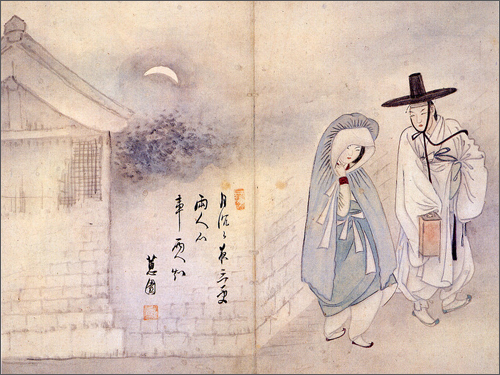 “Lovers under the Crescent Moon,” drawn by a renowned painter of the late Joseon period Shin Yun-bok, a renowned painter of the late Joseon period. (Kansong Art Museum)