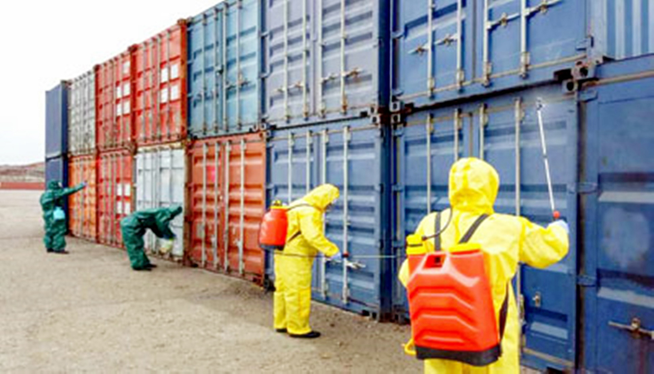 In this March 2020 file photo captured from the website of North Korea's main newspaper, the Rodong Sinmun, workers disinfect cargo containers at the country's western port of Nampo. (Rodong Sinmun)