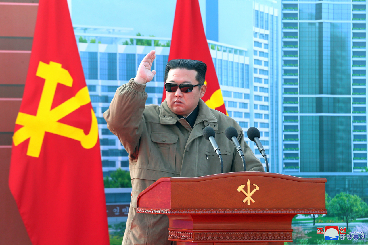 North Korean leader Kim Jong-un speaks during a groundbreaking ceremony in Pyongyang for 10,000 apartments in the North Korean capital, in this photo released by the North's official Korean Central News Agency on Sunday. (KNCA-Yonhap)