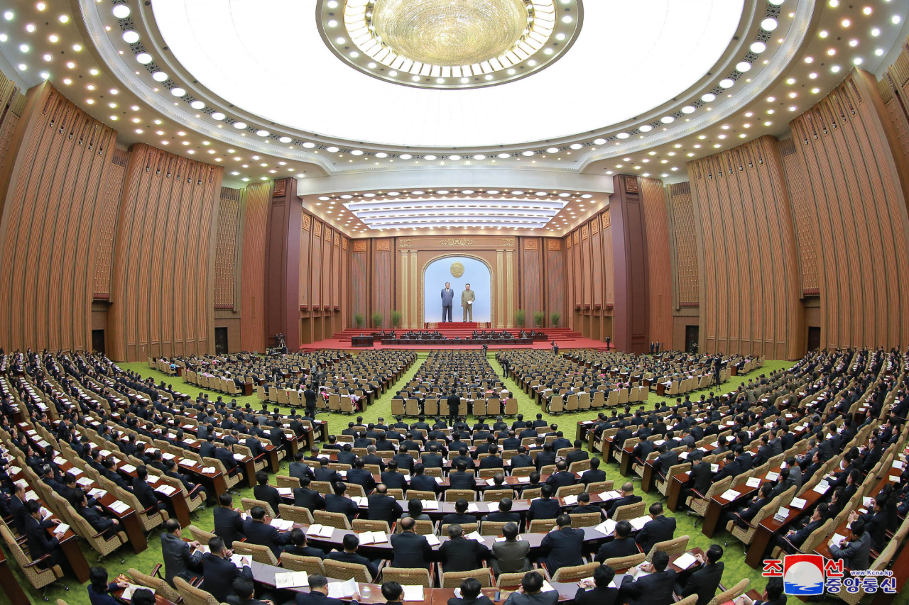 This photo, provided by the Korean Central News Agency, shows a session of North Korea's Supreme People's Assembly held in Pyongyang on Feb. 6-7, 2022. The North's leader Kim Jong-un did not attend it. (KCNA)