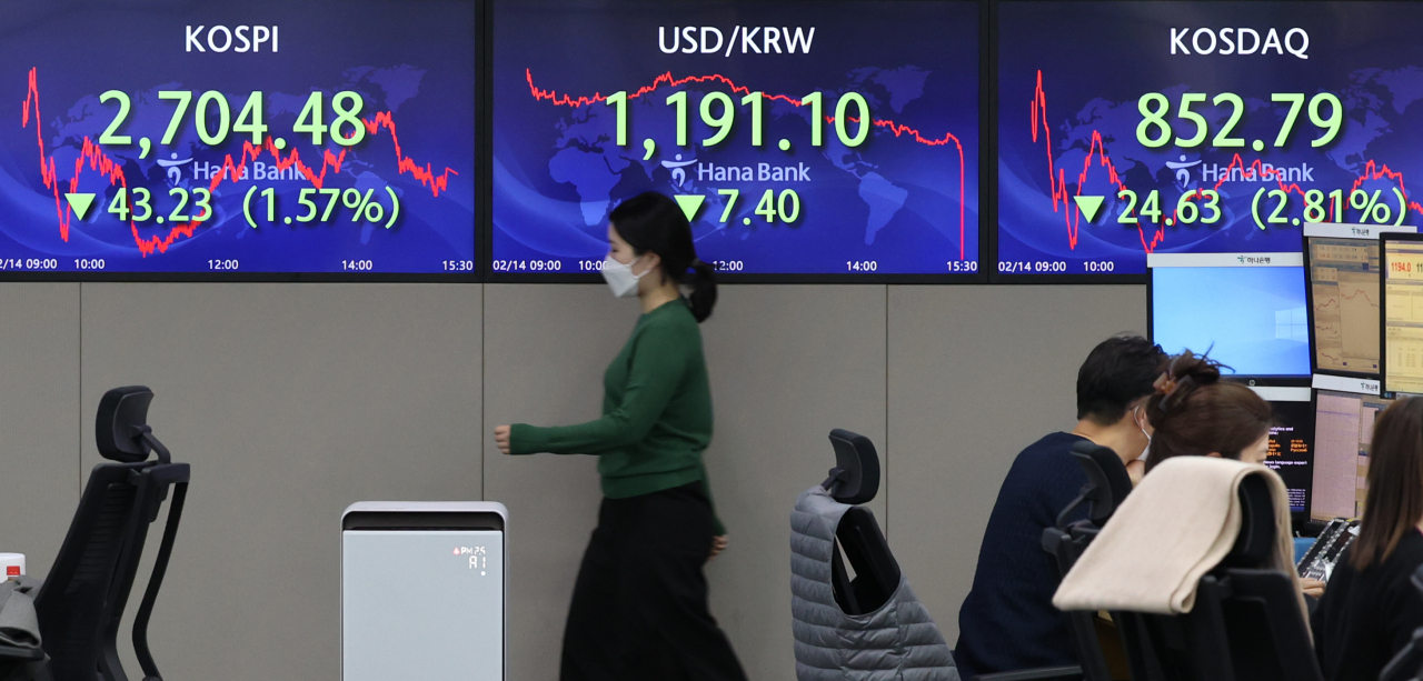 An electronic board showing the Korea Composite Stock Price Index (Kospi) at a dealing room of the Hana Bank headquarters in Seoul on Monday. (Yonhap)