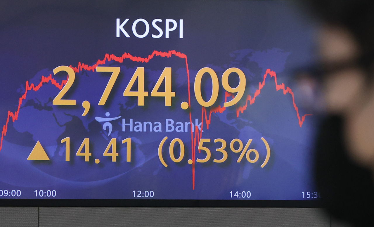 An electronic board showing the Korea Composite Stock Price Index (Kospi) at a dealing room of the Hana Bank headquarters in Seoul on Thursday. (Yonhap)