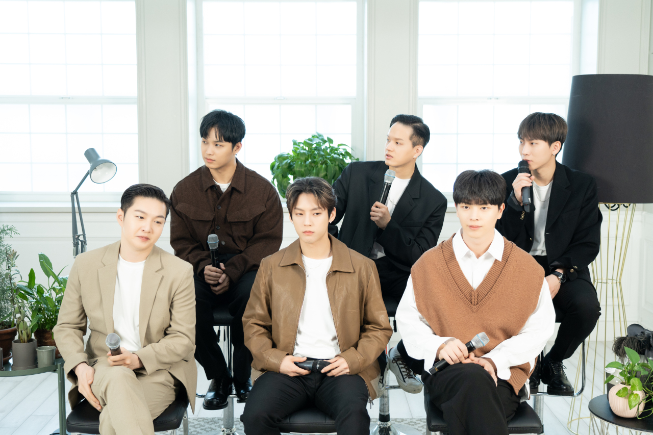 Boy band BTOB speaks during an online press conference Monday. (Cube Entertainment)