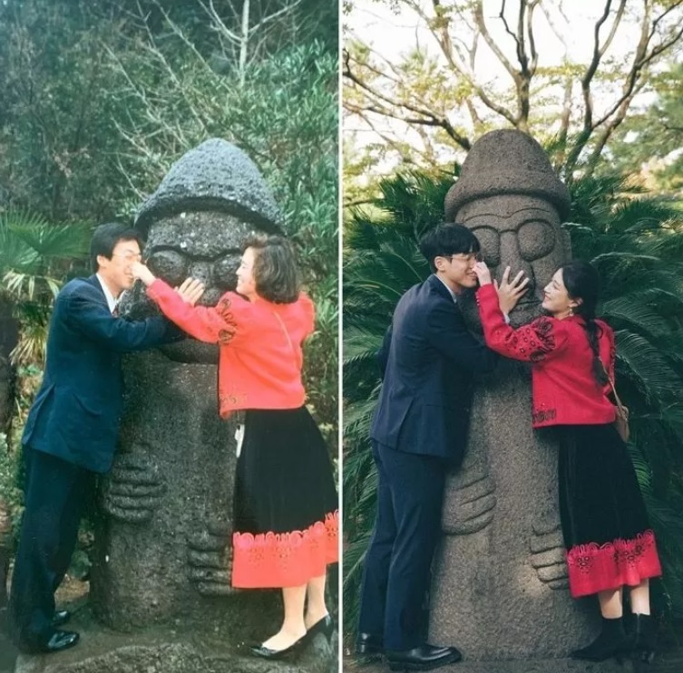 Sohn and his bride re-create a photo of his parents’ honeymoon at a botanical garden in Hanlim, Jeju Island. (Courtesy of Sohn)