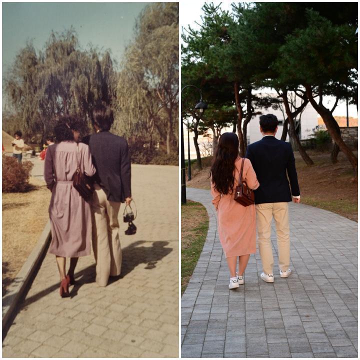 Son Jin-young and her husband re-create a honeymoon photo of Son’s parents in Gyeongju, North Gyeongsang Province. (Courtesy of Son)