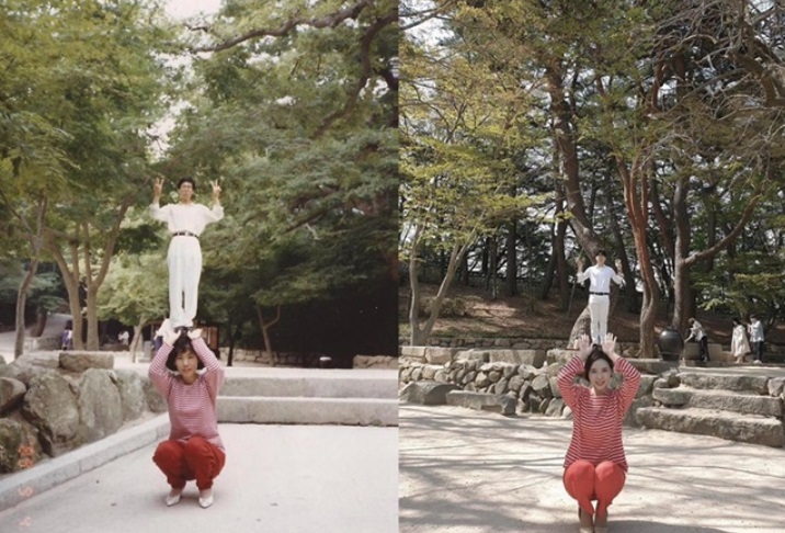Kim and her husband re-create a photo of his parents’ honeymoon taken near the temple Bulguksa, in Gyeongju, North Gyeongsang Province. (Courtesy of Kim)