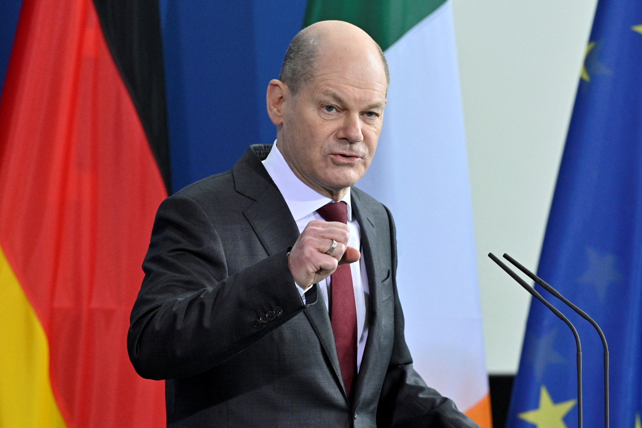 German Chancellor Olaf Scholz addresses a joint news conference with Ireland's Prime Minister (not pictured) following talks at the Chancellery, in Berlin, Germany, Tuesday. (Reuters)