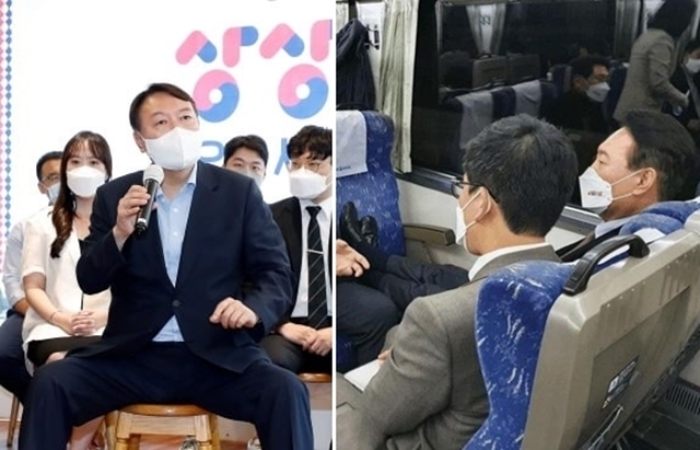 Photos show presidential candidate Yoon Suk-yeol ‘manspreading’ and putting his feet on a train seat rented by his campaign team. (Yonhap, Lee Sang-il’s Facebook)