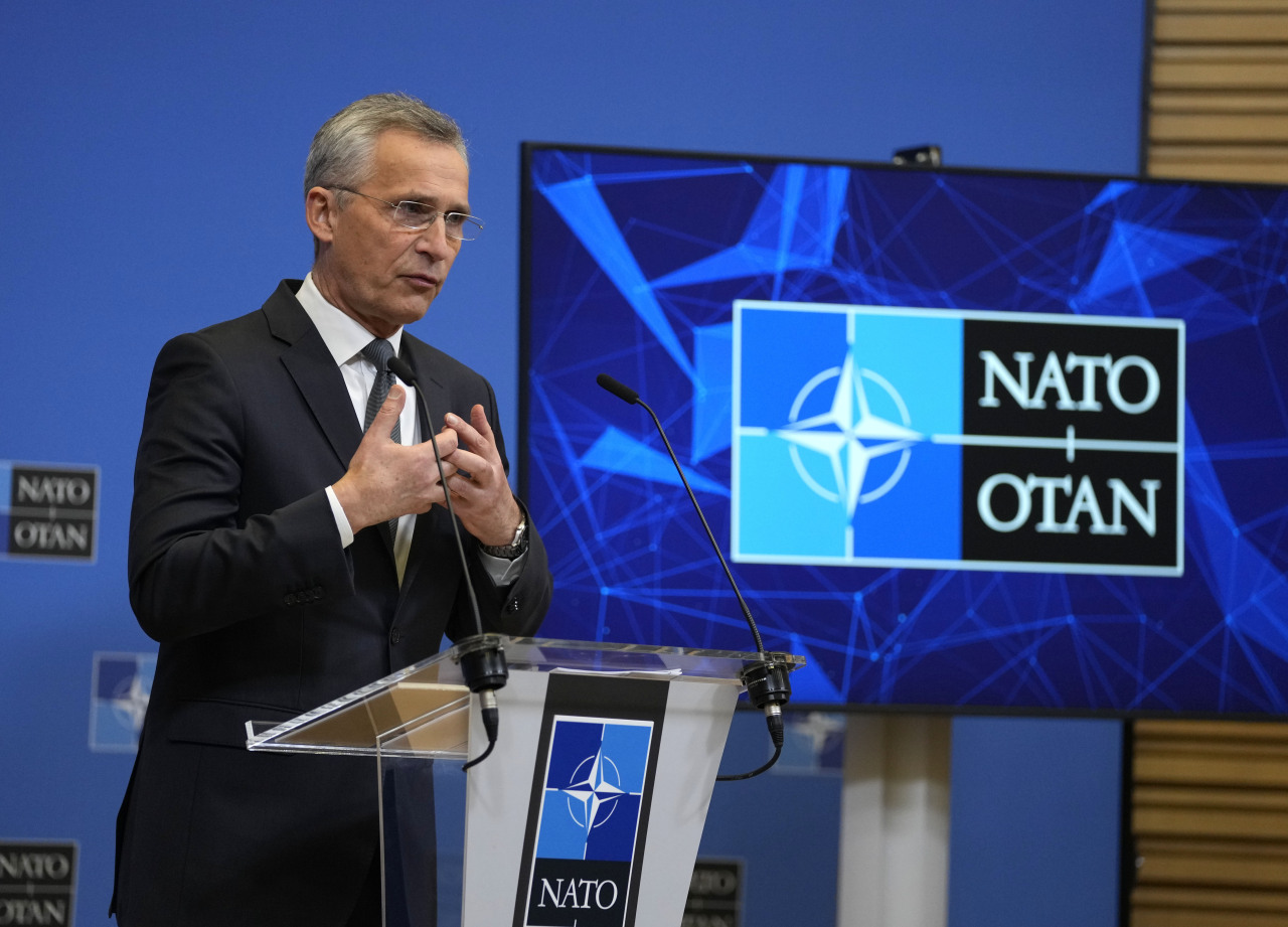 NATO Secretary General Jens Stoltenberg speaks during a media conference at NATO headquarters in Brussels, Thursday. (AP-Yonhap)