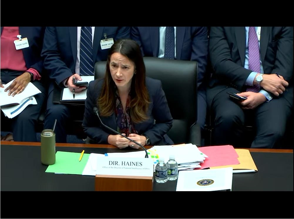 US Director of National Intelligence Avril Haines is seen delivering testimony before the House Intelligence Committee in Washington on Tuesday in this image captured from the committee website. (House Intelligence Committee)