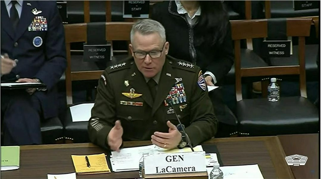 Gen. Paul LaCamera, commander of US Forces Korea, is seen speaking in a hearing before the House Armed Services Committee in Washington on Wednesday in this image captured from the website of the US Department of Defense. (US Department of Defense)