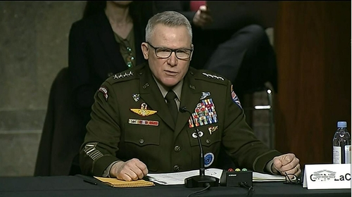 Gen. Paul LaCamera, commander of US Forces Korea, is seen delivering opening remarks in a hearing before the Senate Armed Services Committee in Washington on Thursday in this image captured from the website of the US Department of Defense. (US Department of Defense)