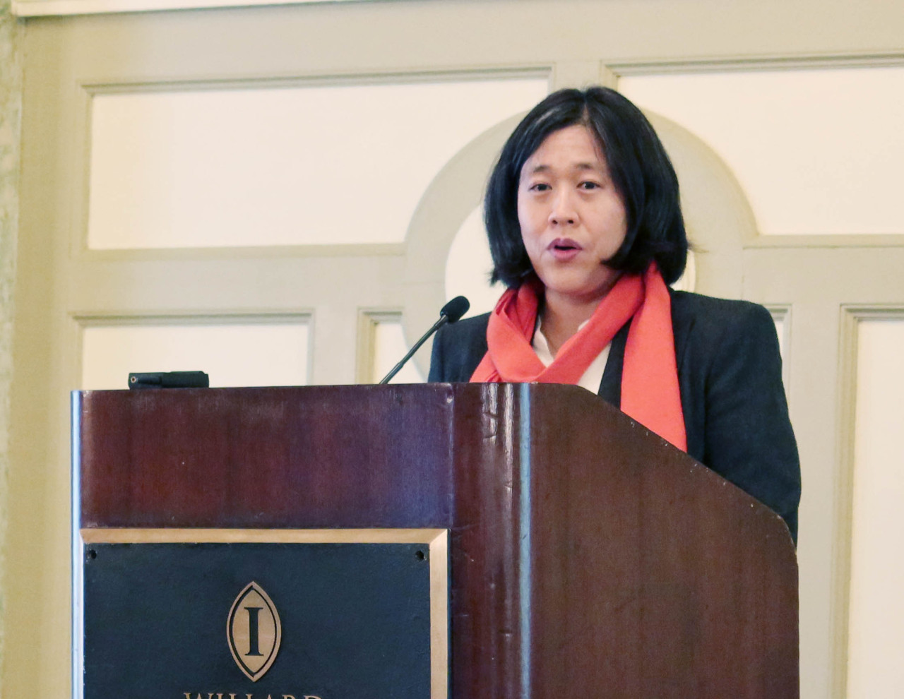 USTR Katherine Tai gives a congratulatory speech to mark the 10th anniversary of the KORUS FTA on March 15 in Washington. (KCCI)