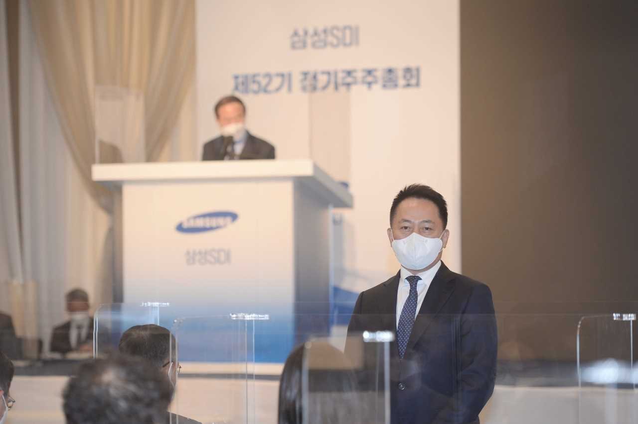 Samsung SDI CEO Choi Yoon-ho speaks at an annual gathering of shareholders at a Seoul hotel on Thursday. (Samsung SDI)