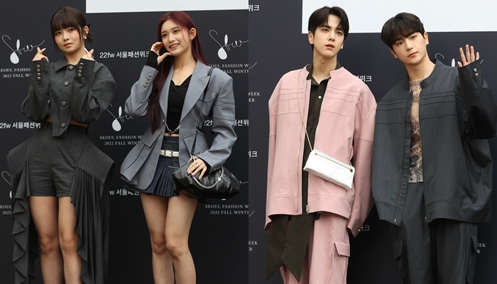 From left: IVE's Rei and Leeseo and The Boyz' Younghoon and Hyunjae pose for photos at Seoul Fashion Week held at the Seoul Museum of Craft Art in central Seoul on Friday. (Yonhap)