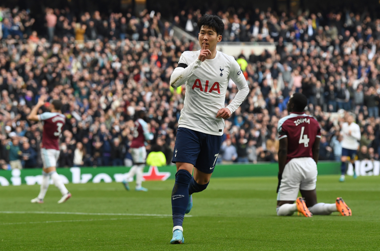 In this Reuters photo, Son Heung-min of Tottenham Hotspur celebrates after scoring a goal against West Ham United during the clubs' Premier League match at Tottenham Hotspur Stadium in London on Sunday. (Yonhap)