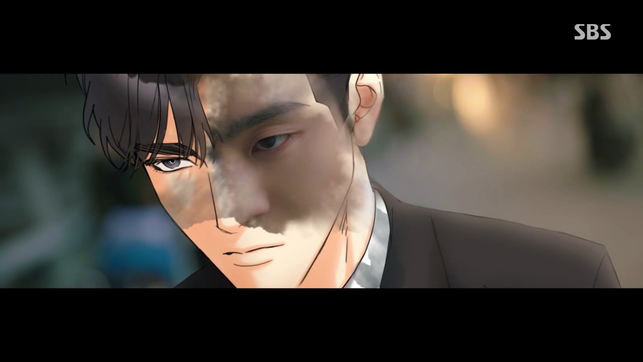 A screenshot of SBS’ “A Business Proposal” shows actor Ahn Hyo-seop’s face partially combined with the webtoon illustrated version of his character on screen (SBS)