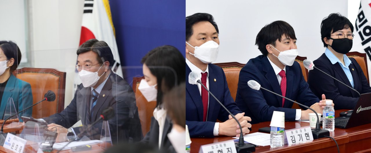 (From left) Rep. Yun Ho-jung, head of the emergency steering committee for the Democratic Party of Korea, speaks during a meeting held inside the National Assembly on Friday. People Power Party Chairman Lee Jun-seok speaks during a senior level meeting of party officials held at the National Assembly on Monday. (Joint Press Corps)