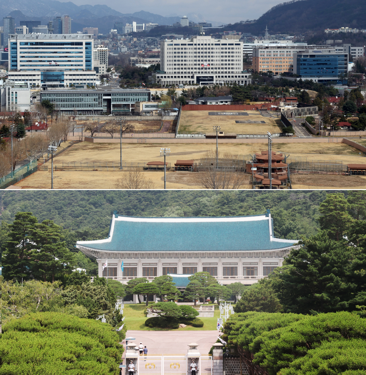 The Ministry of National Defense compound (top) in Yongsan, Seoul, and Cheong Wa Dae in Jongno, Seoul. (Yonhap)