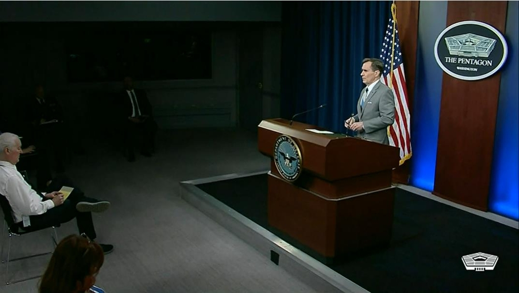 US Department of Defense Press Secretary John Kirby (R) is seen taking a question in a press briefing at the Pentagon in Washington on Tuesday in this image captured from the department's website. (US Department of Defense)