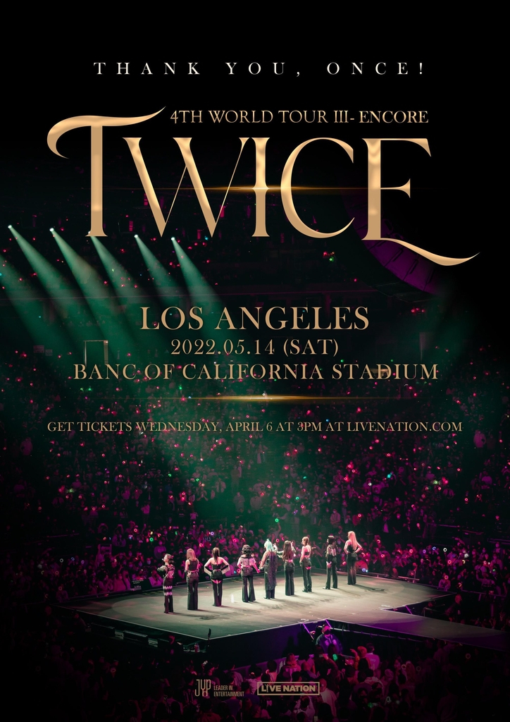 This image provided by JYP Entertainment on Thursday, shows a promotional poster for K-pop girl group TWICE's additional concert in Los Angles on May 14 (US time). (JYP Entertainment)