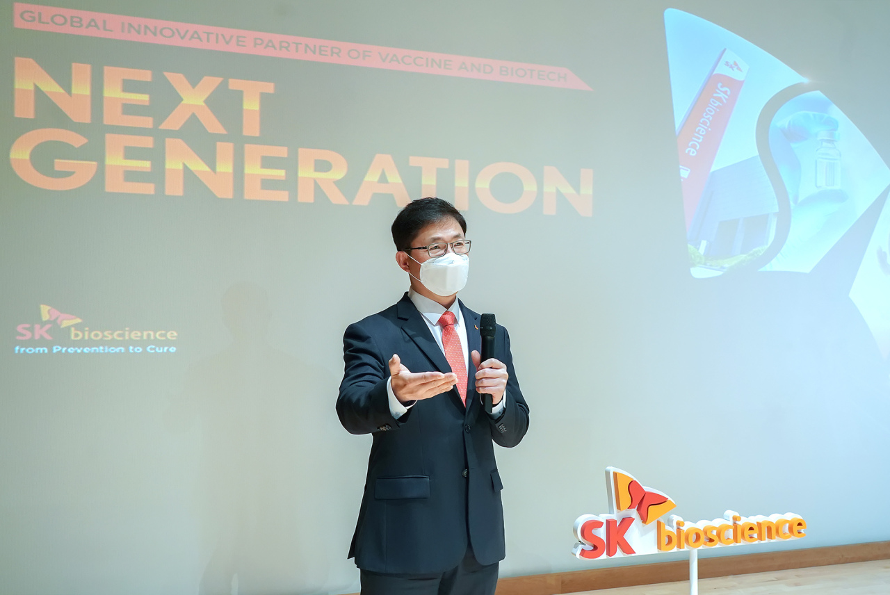 SK Bioscience CEO Ahn Jae-yong speaks in an online press conference on Thursday. (SK Bioscience)