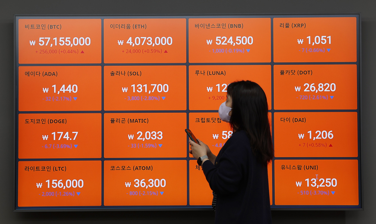 A digital board at Bithumb headquarters in Seoul shows cryptocurrency prices on March 29 (Yonhap)