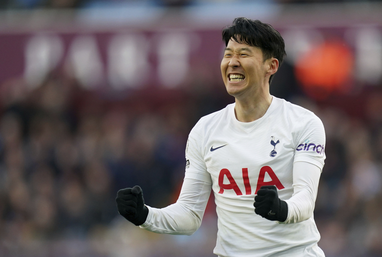 In this Press Association photo via the Associated Press, Son Heung-min of Tottenham Hotspur celebrates his goal against Aston Villa during the clubs' Premier League match at Villa Park in Birmingham, England, on Saturday. (Yonhap)