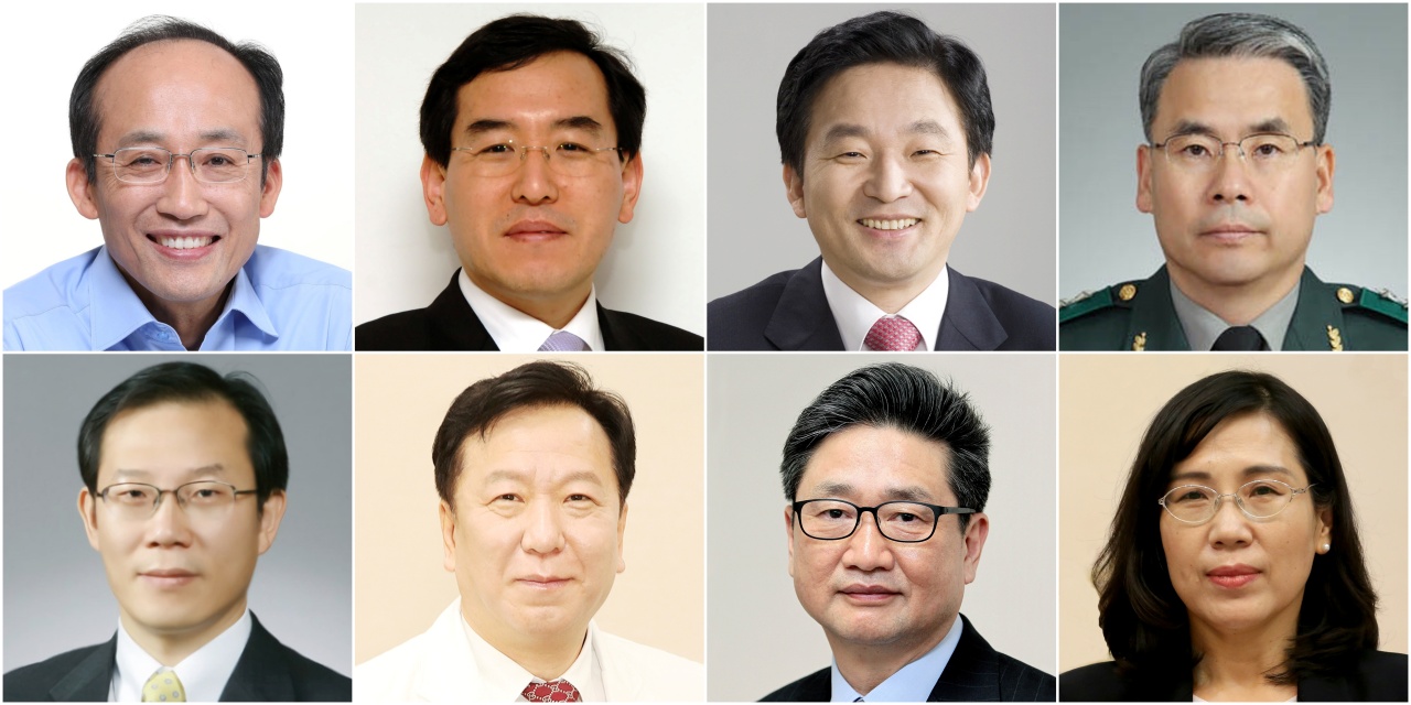 From top left: First deputy prime minister and finance minister nominee Rep. Choo Kyung-ho of People Power Party; Industry minister nominee Lee Chang-yang. Transport ministry Won Hee-ryong; Defense minister nominee retired Lt. Gen. Lee Jong-sup. From bottom left: Science minister nominee Lee Jong-ho; welfare minister Chung Ho-young; culture minister nominee Park Bo-kyun, gender equality minister nominee Kim Hyun-sook. (Yonhap)