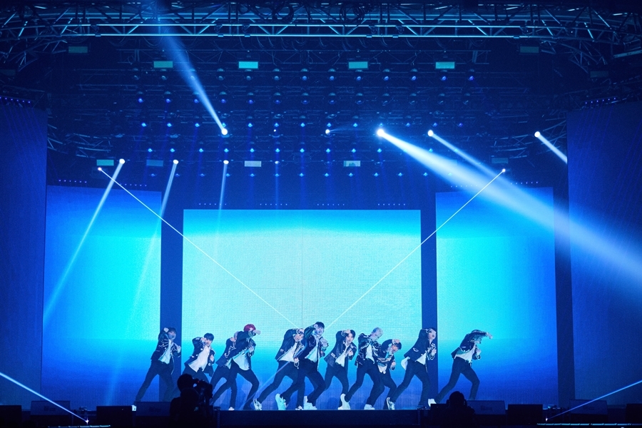 K-pop boy band Treasure performs at the group’s first concert, “Trace,” on April 10, at Olympic Hall in Olympic Park, Seoul. (YG Entertainment)