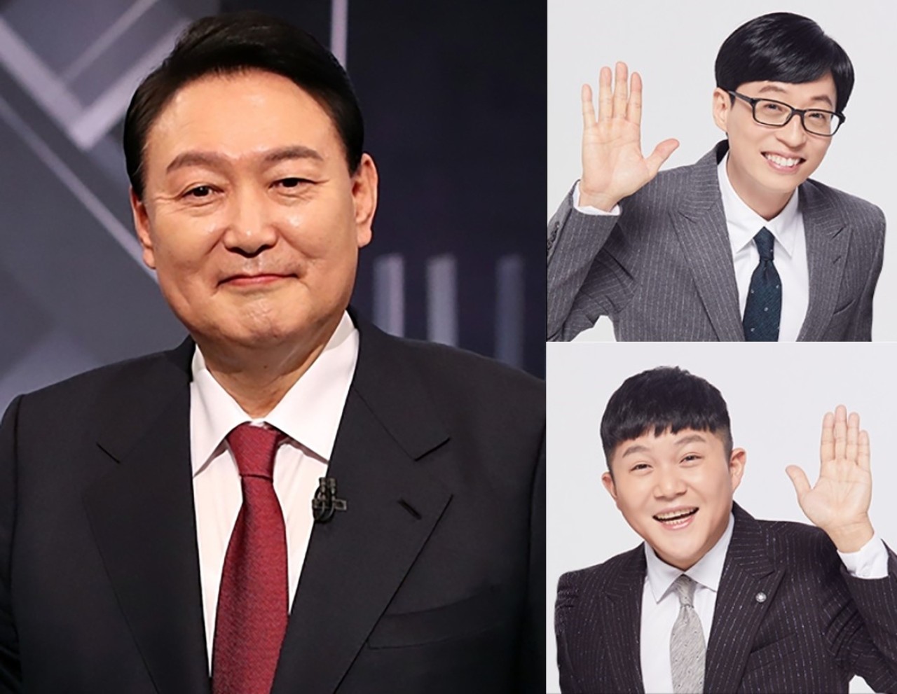Clockwise from left: President-elect Yoon Suk-yeol, comedians Yoo Jae-suk and Jo Se-ho from tvN’s “You Quiz on the Block” (EPA-Yonhap, tvN)
