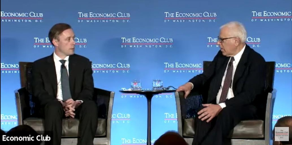 Jake Sullivan (L), national security advisor to US President Joe Biden, is seen speaking in a seminar hosted by the Economic Club of Washington D.C. in Washington on Thursday in this image captured from the website of the Washington-based non-profit organization. (Economic Club's website)