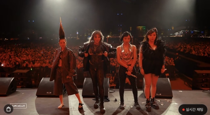 2NE1 reunites to perform “I Am the Best” at the Coachella Valley Music and Arts Festival in California, Saturday. (Capture from Coachella 2022 LIVE Channel 1’s YouTube channel)