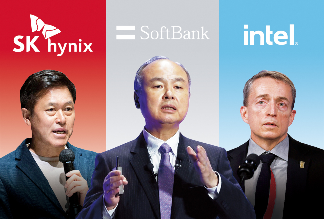 From left: SK hynix Vice Chairman and CEO Park Jung-ho, SoftBank Chief Masayoshi Son and Intel CEO Pat Gelsinger (Photos courtesy of SK hynix, GettyImages and Reuters)
