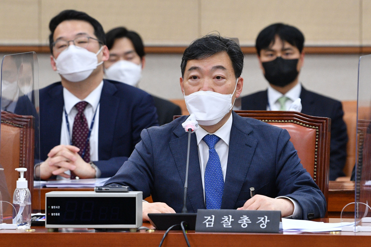Prosecutor General Kim Oh-soo speaks at a meeting of a subcommittee under the Legislation and Judiciary Committee of the National Assembly held Tuesday afternoon. (Joint Press Corps)
