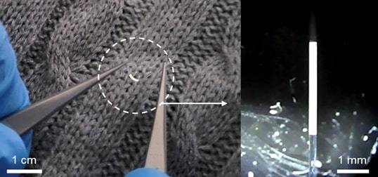 Photograph of the fiber-based WOLED (left) and a microscopic image (KAIST)