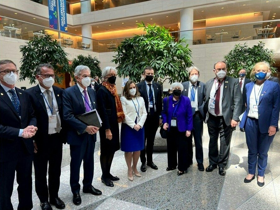 A handout photograph released by the Canada government shows Canada Deputy Prime Minister & Minister of Finance Chrystia Freeland (fifth from left), posing for a photo with other finance ministers after a G20 meeting in Washington, D.C. on April 20. US Treasury Secretary Janet Yellen led a multi-nation walk out of a meeting of finance officials from the world's richest countries when Russian officials spoke, in protest against Moscow's invasion of Ukraine. (Government of Canada / AFP)