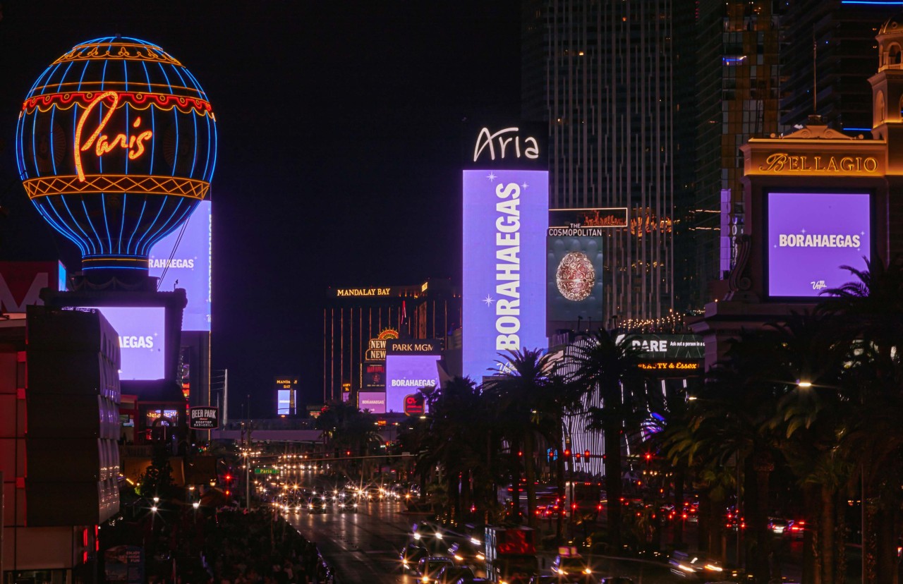 The streets of Las Vegas Strip are colored in purple in celebration of “BTS Permission to Dance the City - Las Vegas” project on April 7. (Hybe)