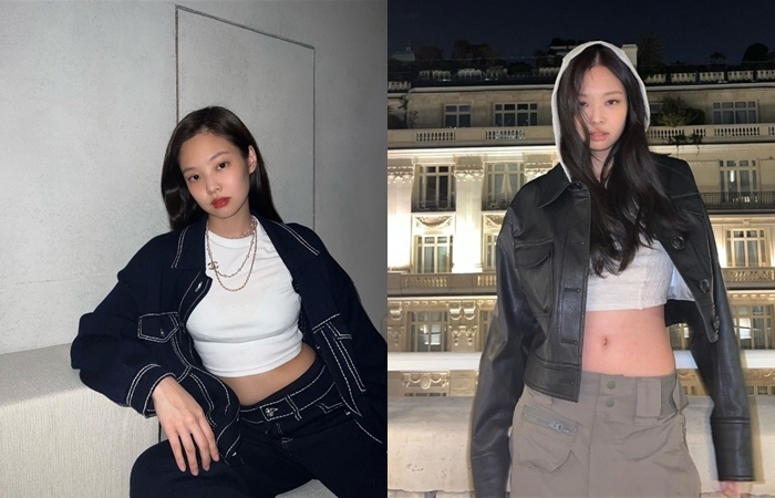 Jennie of Blackpink wears a white crop top with a denim jacket and jeans (left) and a white crop top, black leather jacket and low-rise pants. (Jennie’s Instagram)